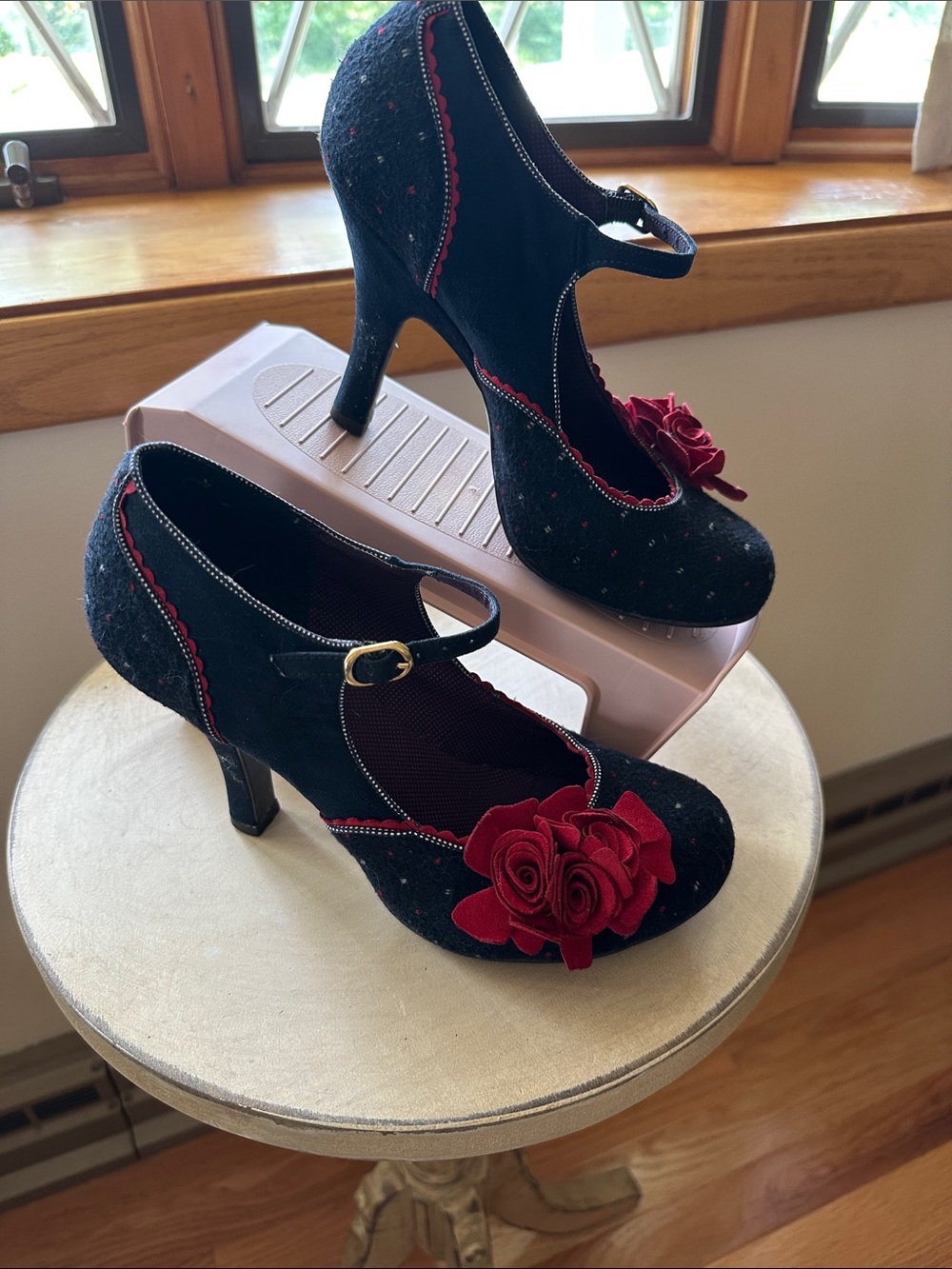 Ruby Shoo Navy Mary Jane Heels with Red Rose Accent